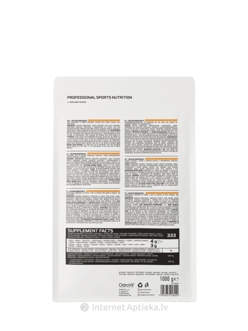 Ostrovit 100% creatine monohydrate Orange pulveris, 1000 g | internetaptieka.lv