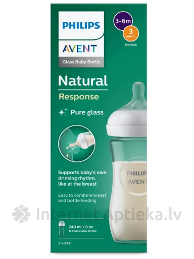 Philips Avent Natural Response stikla zīdaiņu pudelīte 3-6 m, 240 ml | internetaptieka.lv