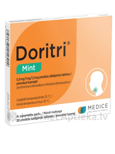 Doritri Mint 0,5 mg/1 mg/1,5 mg presētas sūkājamās tabletes, 20 gb. | internetaptieka.lv