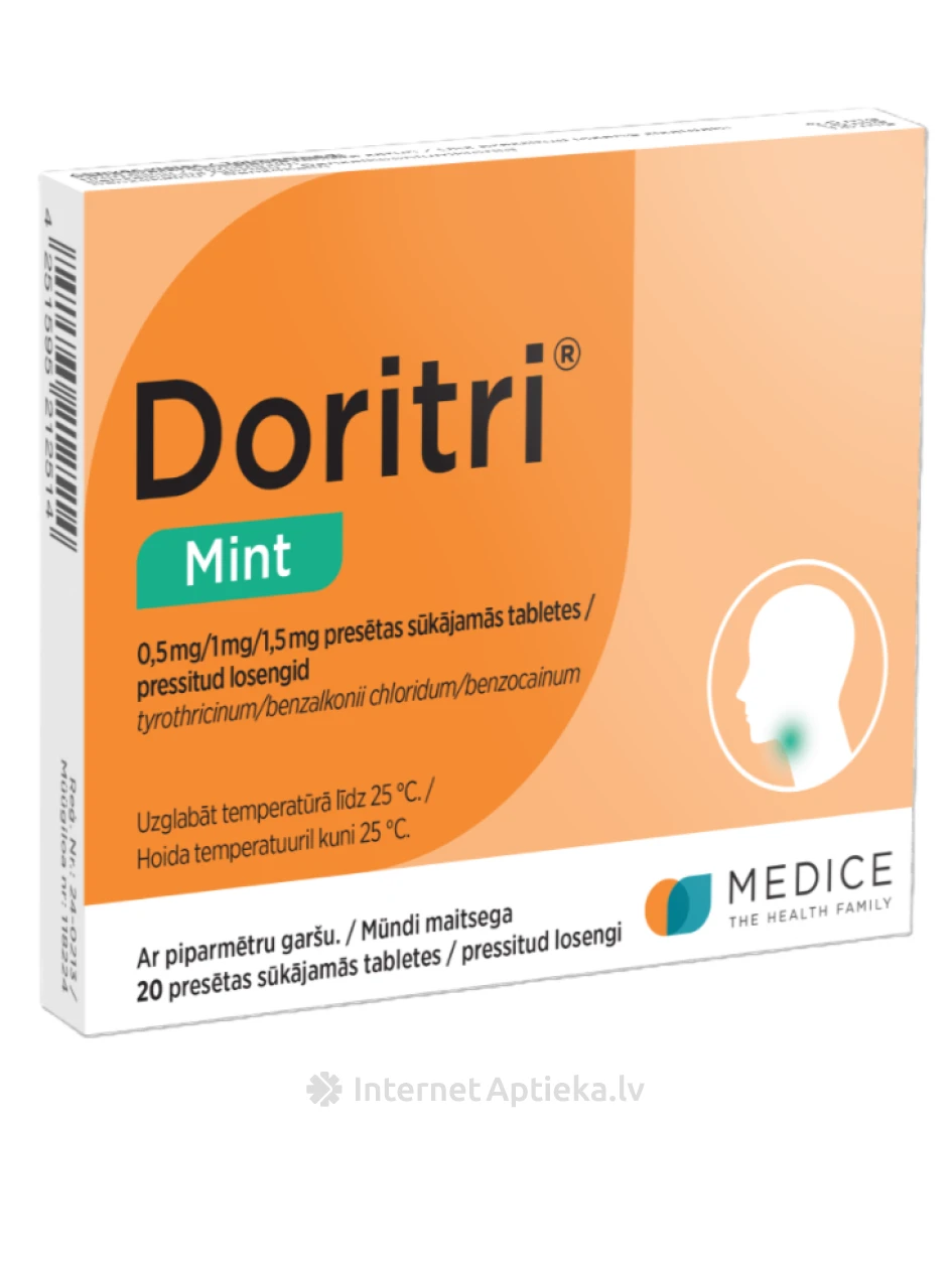 Doritri Mint 0,5 mg/1 mg/1,5 mg presētas sūkājamās tabletes, 20 gb. | internetaptieka.lv