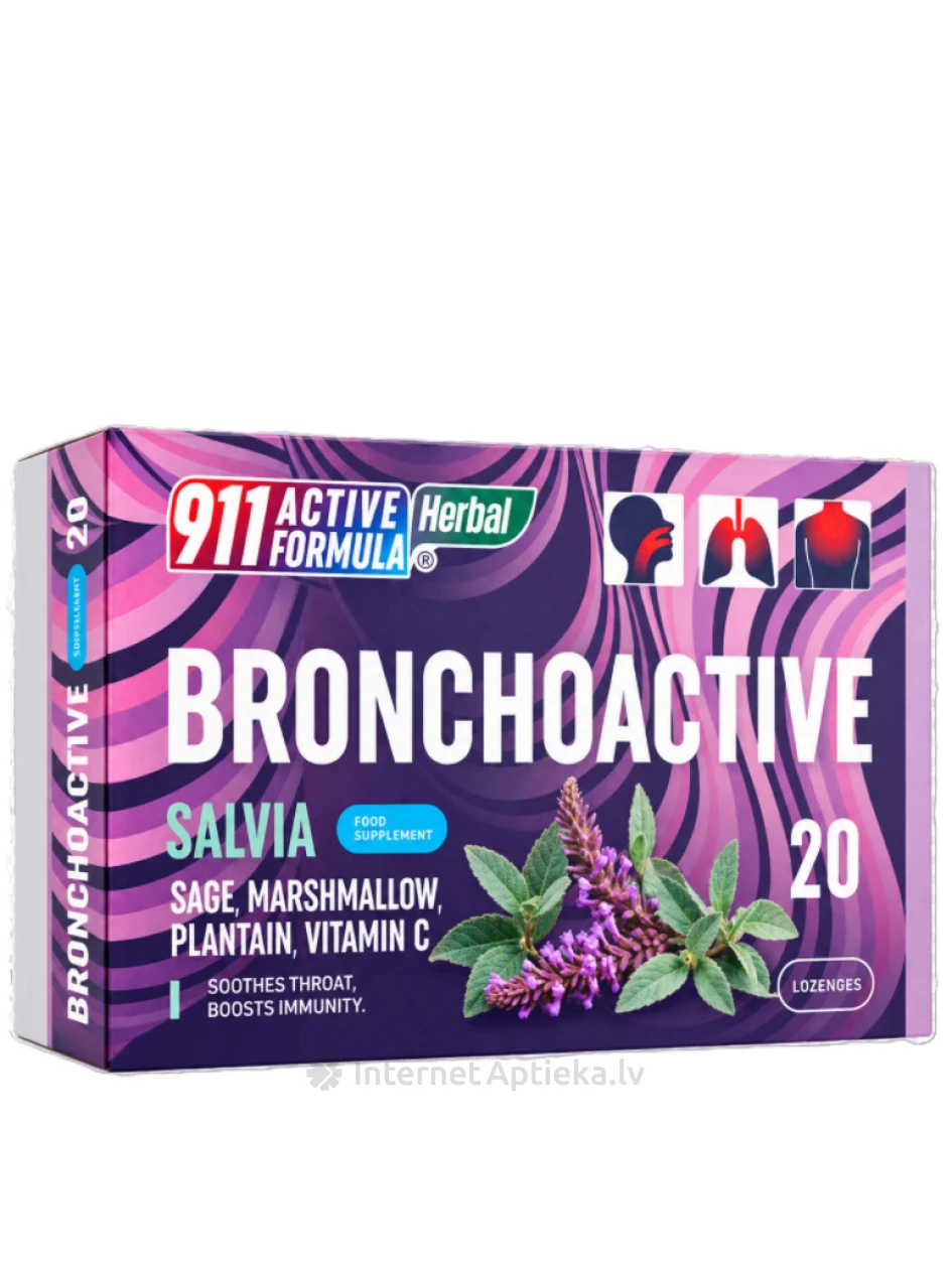 911 Active Formula Bronchoactive Salvia sūkājamās tabletes, 20 gb. | internetaptieka.lv