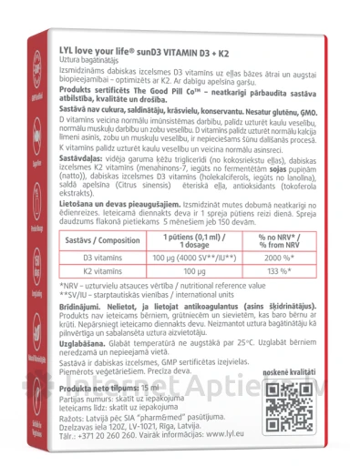 LYL Sun D3 vitaminas D3+K2 purškalas, 15 ml | internetaptieka.lv