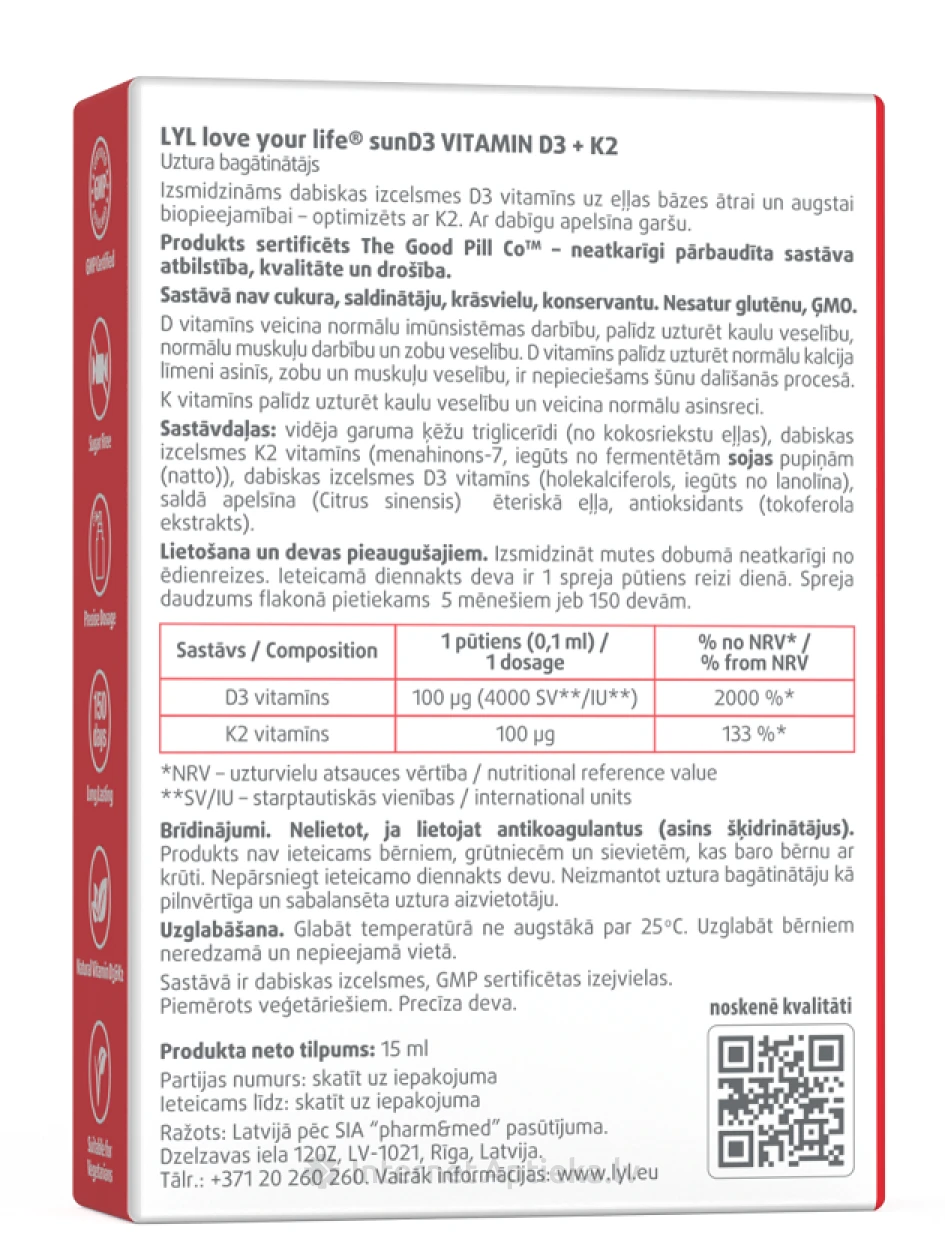 LYL Sun D3 vitaminas D3+K2 purškalas, 15 ml | internetaptieka.lv