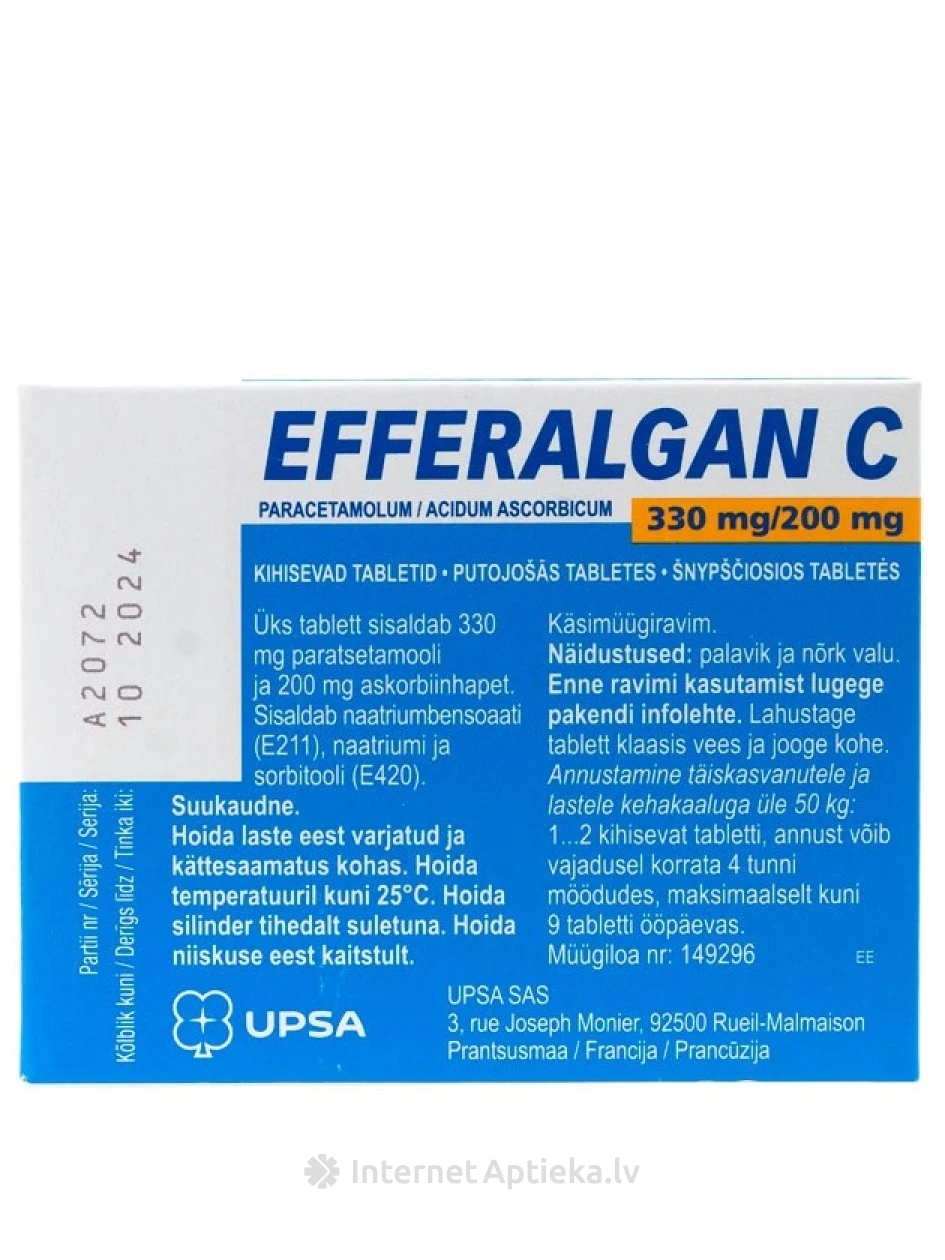 Efferalgan C 330 mg/200 mg шипучие таблетки, 20 шт. | internetaptieka.lv