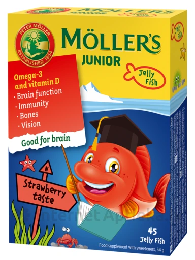 Möller′s Omega-3 Junior zivju eļļa ar zemeņu garšu, 45 pastilas | internetaptieka.lv