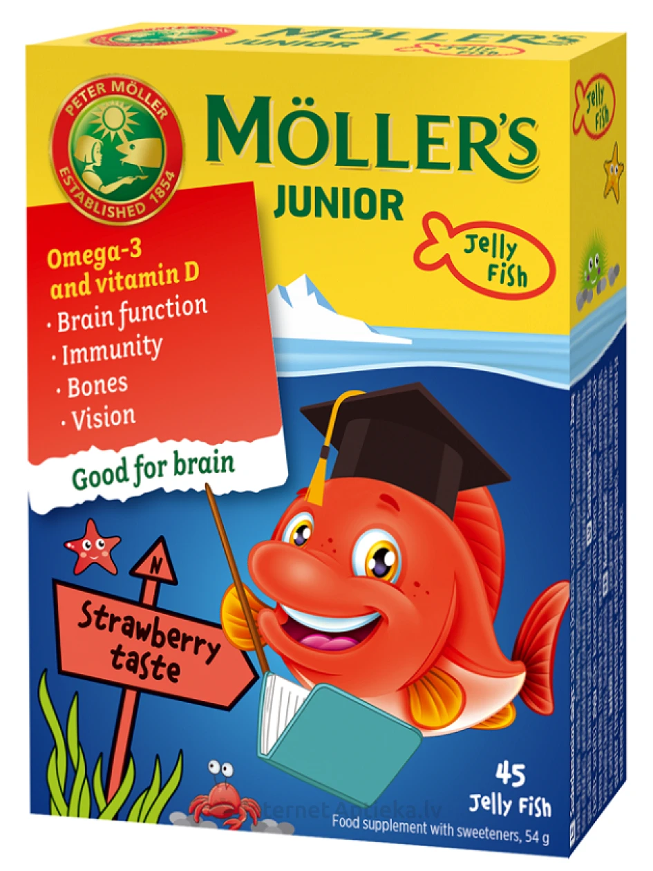 Möller′s Omega-3 Junior zivju eļļa ar zemeņu garšu, 45 pastilas | internetaptieka.lv