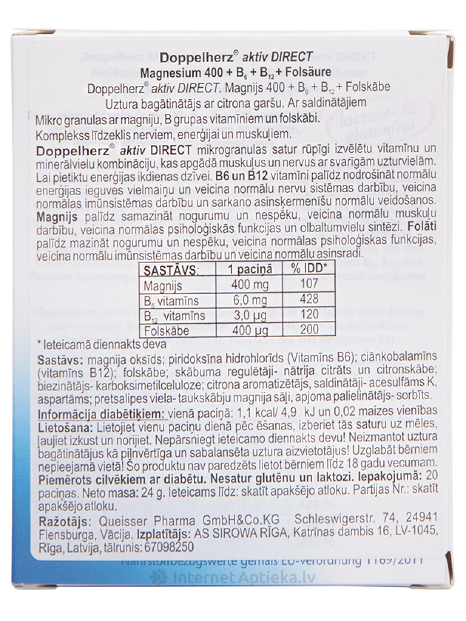 Doppelherz Activ Magnesium Direct B6 + B12 + фолиевая кислота, 20 пакетиков | internetaptieka.lv