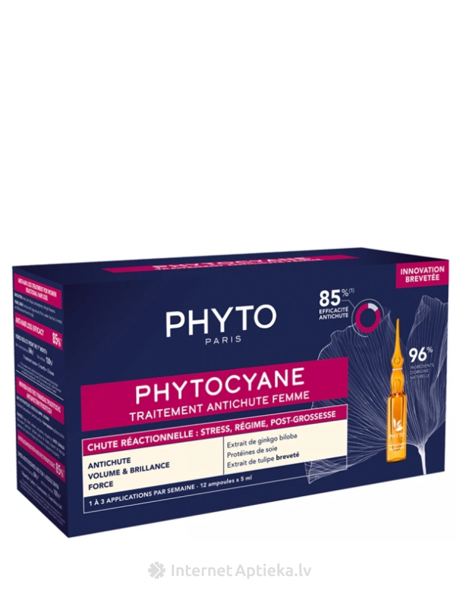 PHYTO PHYTOCYANE REACTIONAL līdzeklis pret matu izkrišanu sievietēm, 12 x 5 ml | internetaptieka.lv