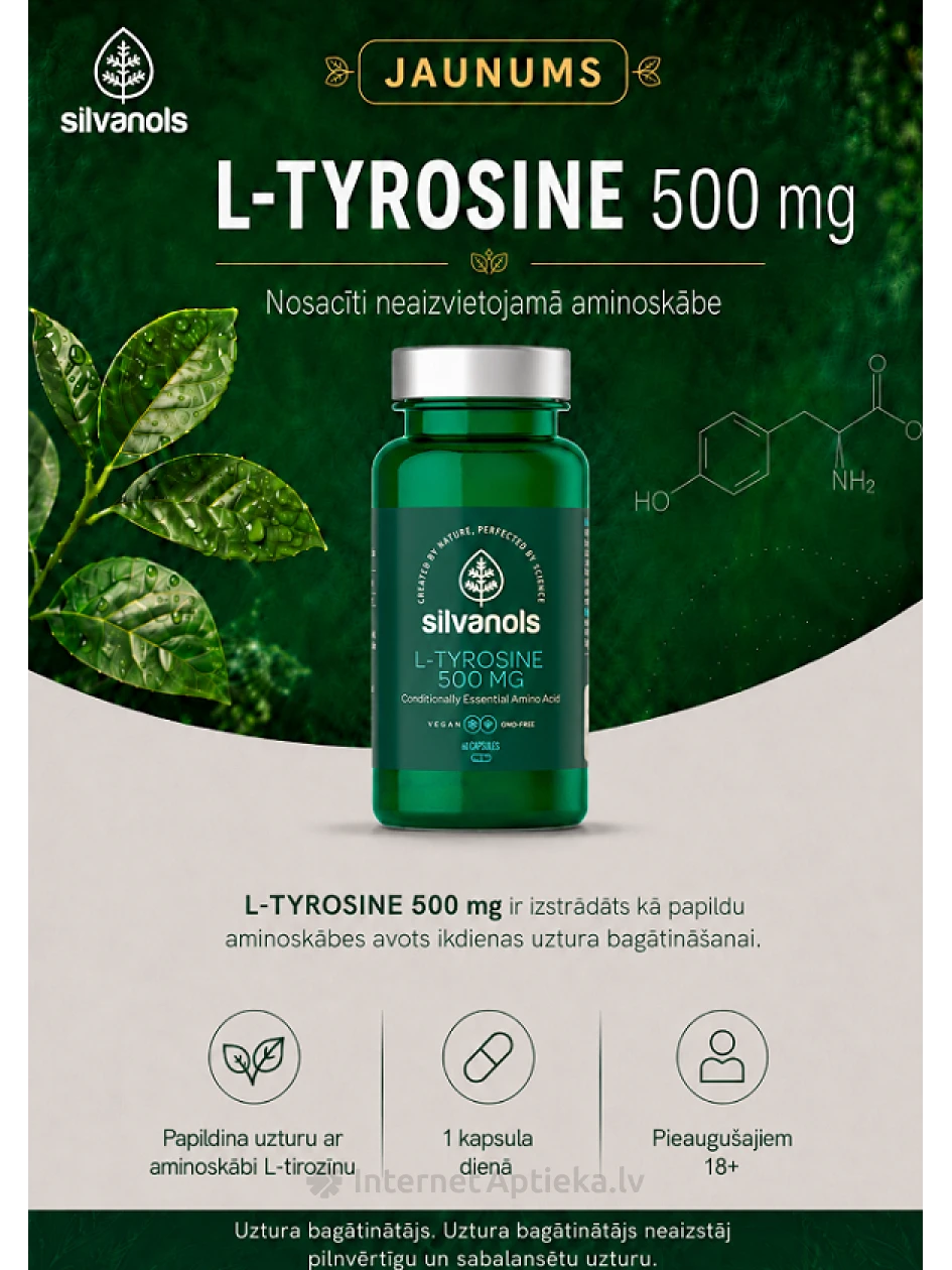Silvanols L-TYROSINE 500 MG kapsulės, 60 vnt | internetaptieka.lv