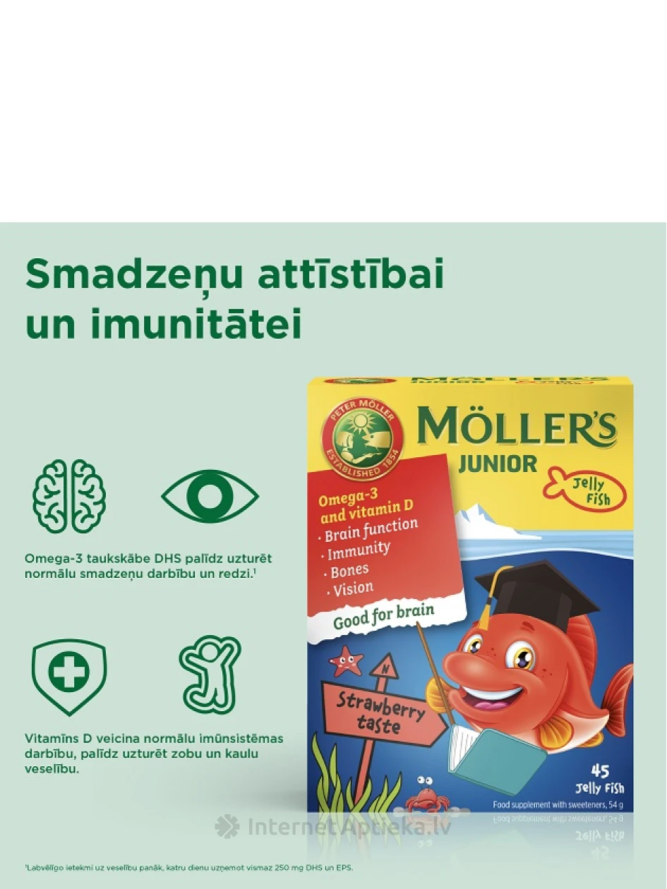 MÖLLER'S JUNIOR želejas zivtiņas (zemeņu) pastilās, 45 gb. | internetaptieka.lv