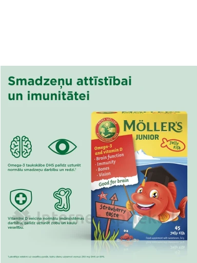 Möller′s Omega-3 Junior рыбий жир для детей, со вкусом малины, клубники, 45 пастилки | internetaptieka.lv