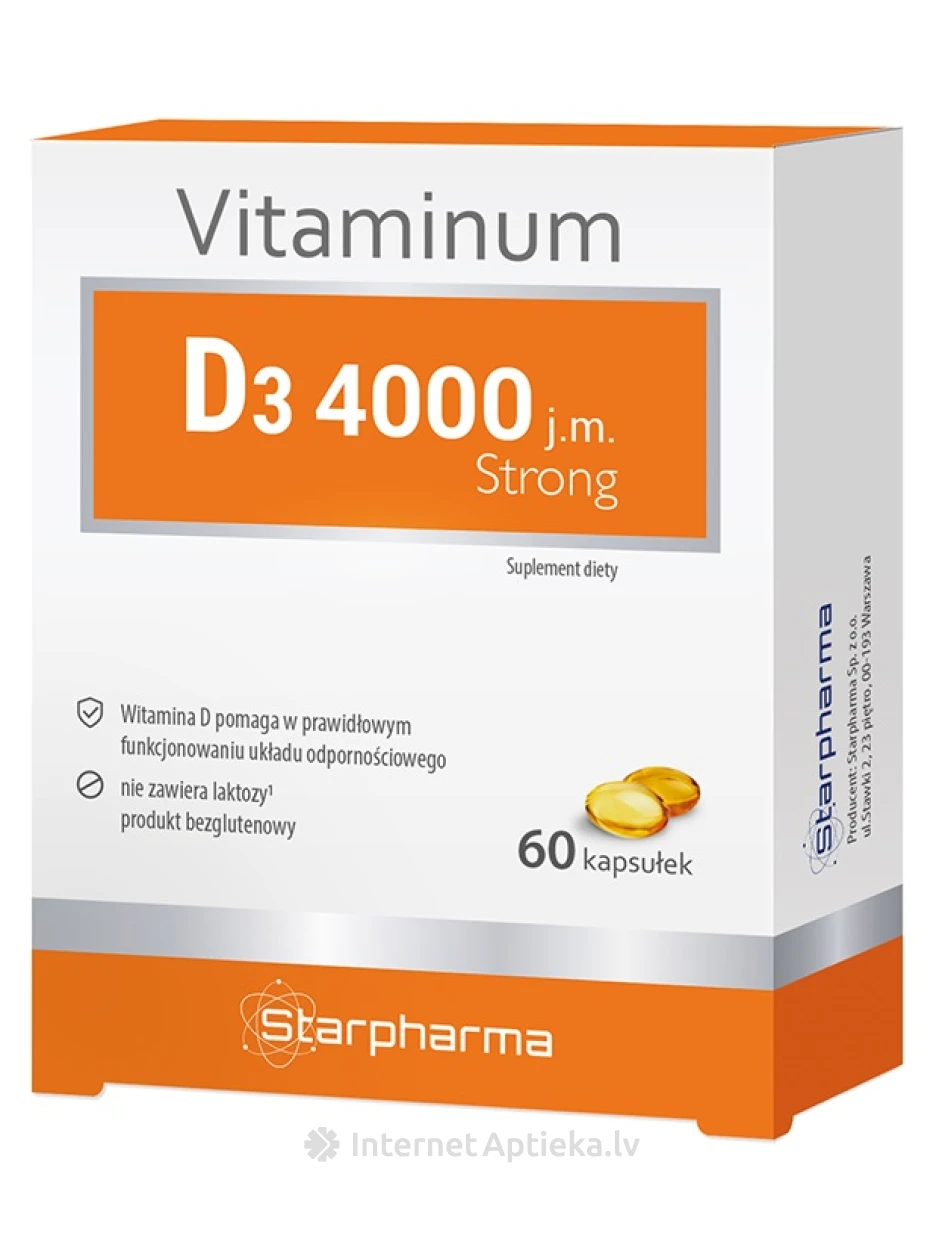 Vitaminium D3-vitamiin 4000IU Strong, 60 kapslit | internetaptieka.lv