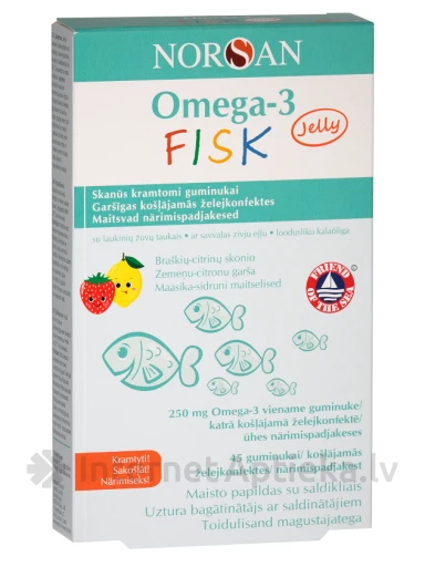 NORSAN OMEGA-3 FISK JELLY ar zemeņu un citronu garšu, 45 želejkonfektes | internetaptieka.lv