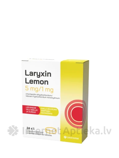 Laryxin Lemon 5 mg/1 mg сосательные таблетки, 24 шт. | internetaptieka.lv