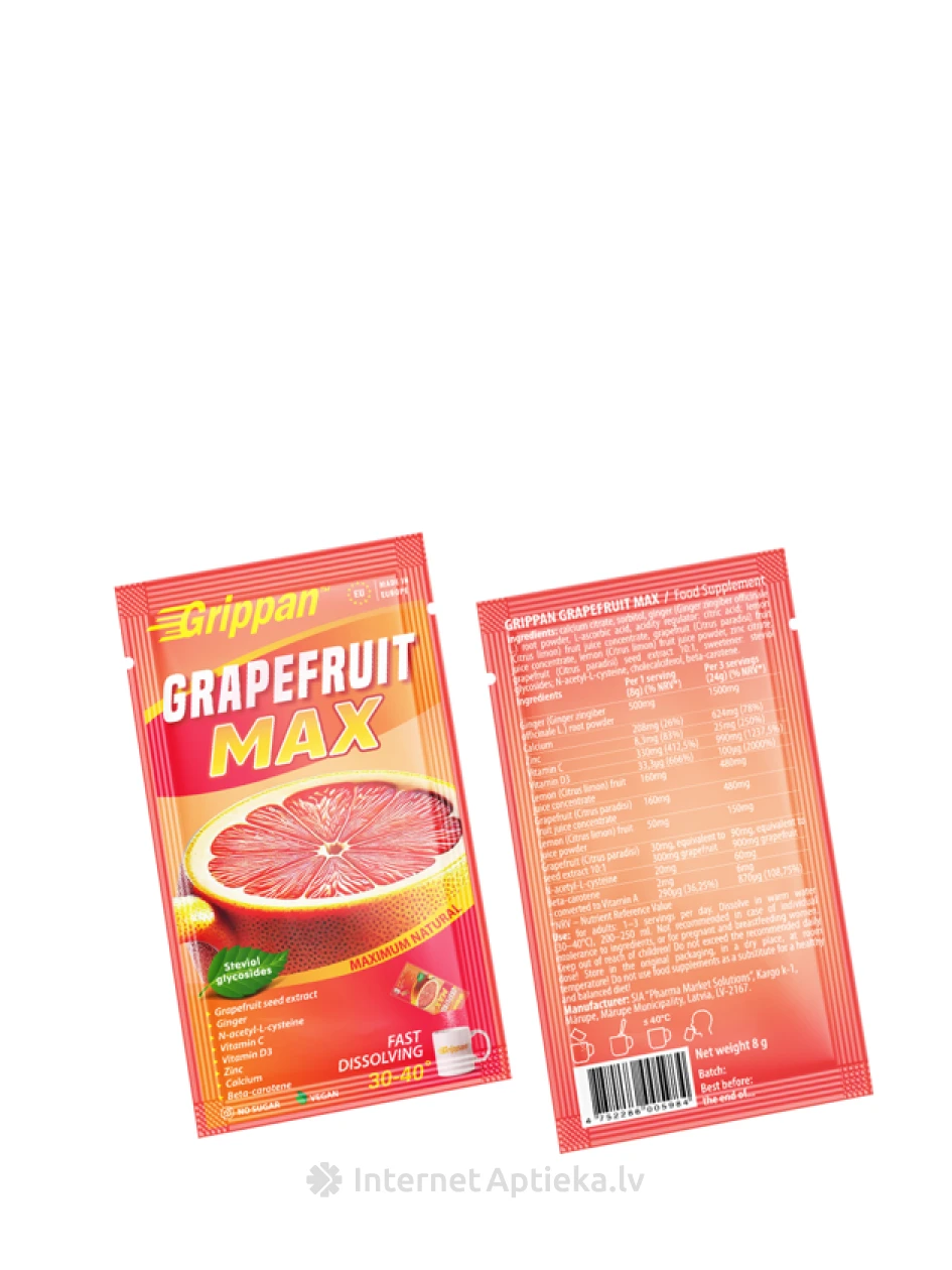 GRIPPAN GREIPFRŪTS MAX pulveris, 8*8 g | internetaptieka.lv