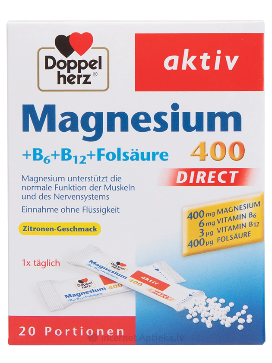 Doppelherz Activ Magnesium Direct B6 + B12 + фолиевая кислота, 20 пакетиков | internetaptieka.lv