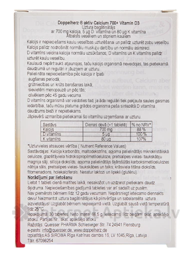 Doppelherz Activ Calcium 700 + Vitamīns D3, 30 tabletes | internetaptieka.lv