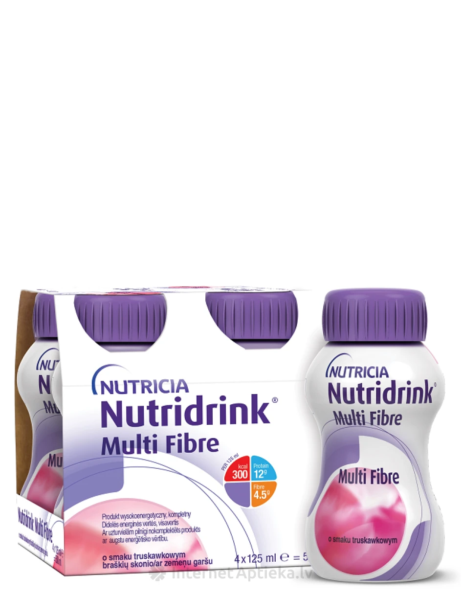 Nutricia Nutridrink Multi Fibre ar zemeņu garšu, 4 x 125 ml | internetaptieka.lv