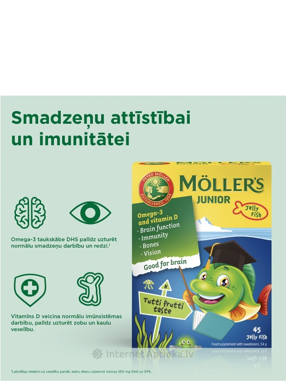 Möller′s Omega-3 Junior рыбий жир для детей, с фруктовым вкусом, 45 пастилок. | internetaptieka.lv