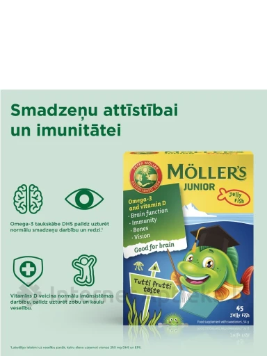Möller′s Omega-3 Junior рыбий жир для детей, с фруктовым вкусом, 45 пастилок. | internetaptieka.lv