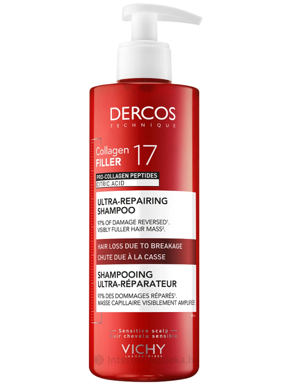 Vichy Dercos COLLAGEN 17 FILLER Atjaunojošs šampūns pret matu izkrišanu trausluma dēļ, 400 ml | internetaptieka.lv