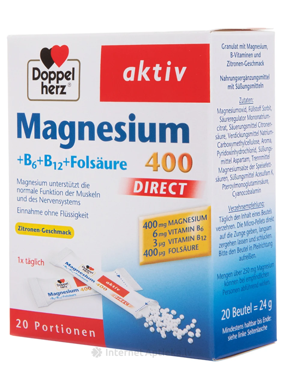 Doppelherz Activ Magnesium Direct B6 + B12 + фолиевая кислота, 20 пакетиков | internetaptieka.lv
