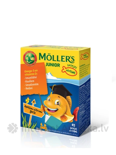 Möller′s Omega-3 Junior zivju eļļa ar apelsīnu-citronu garšu, 45 pastilas