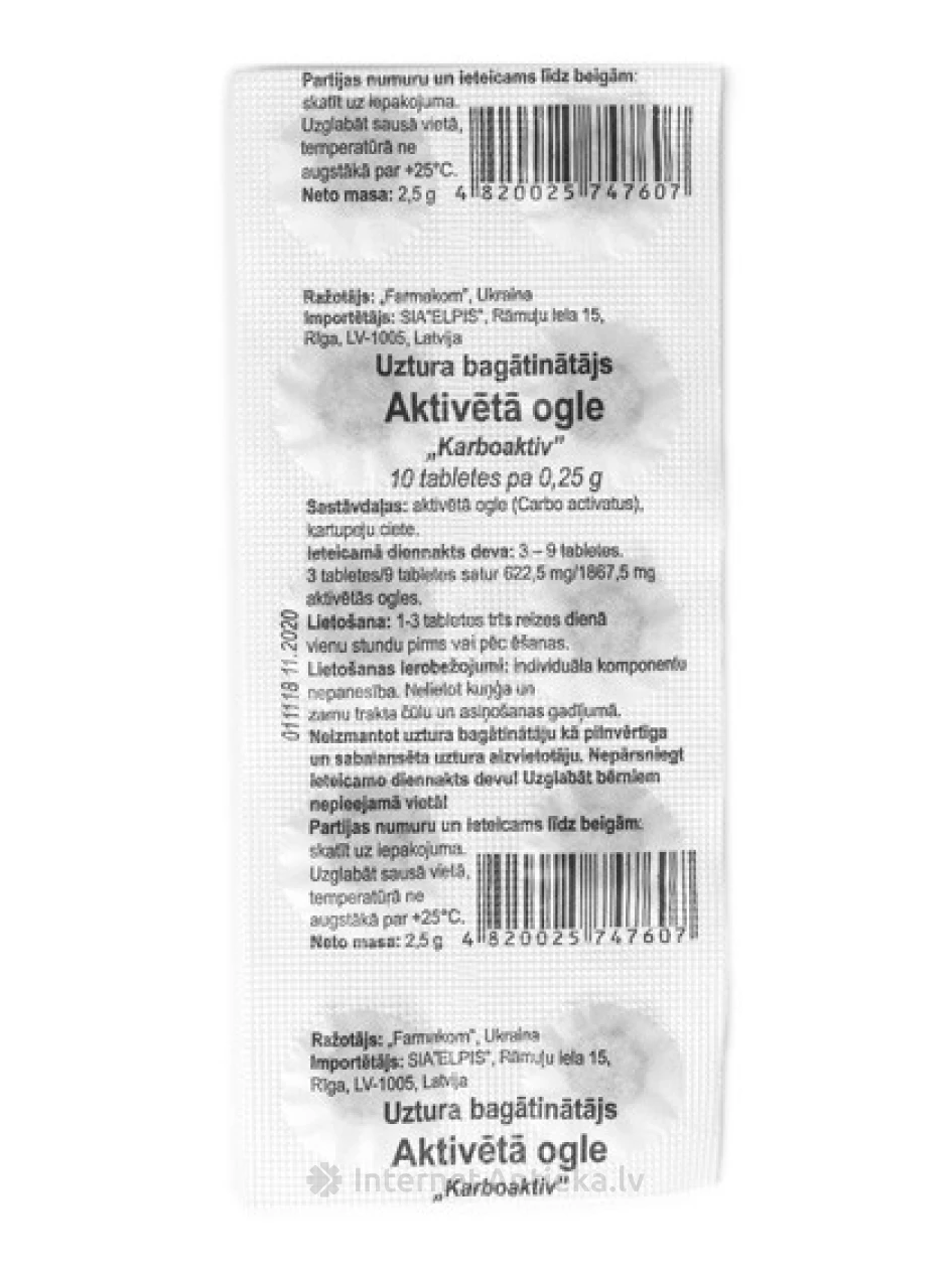 Carbo activatis 250мг (активированный уголь), 10 шт. | internetaptieka.lv