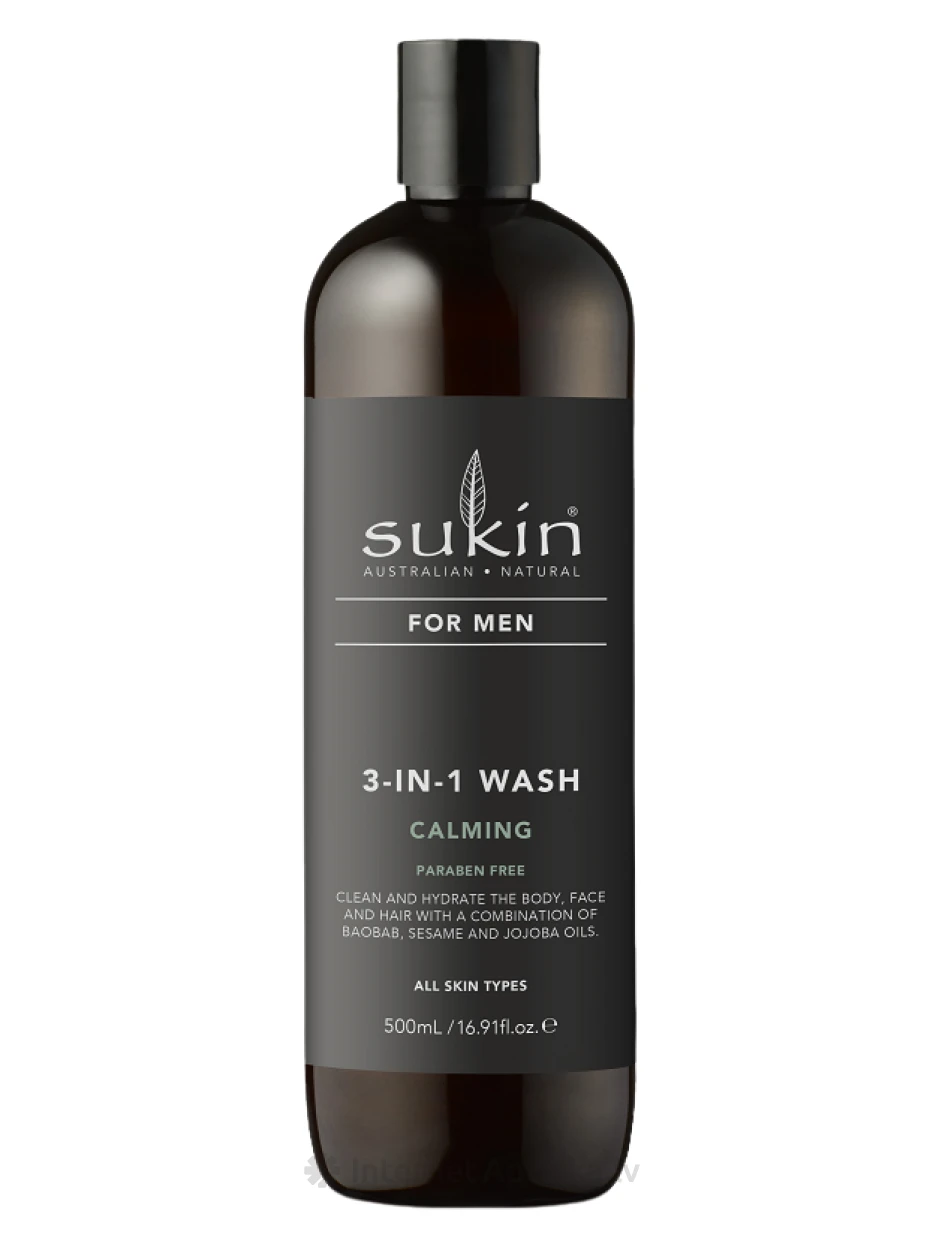 SUKIN 3in1 šampoon, dušigeel näopesugeel meestele, 500 ml | internetaptieka.lv