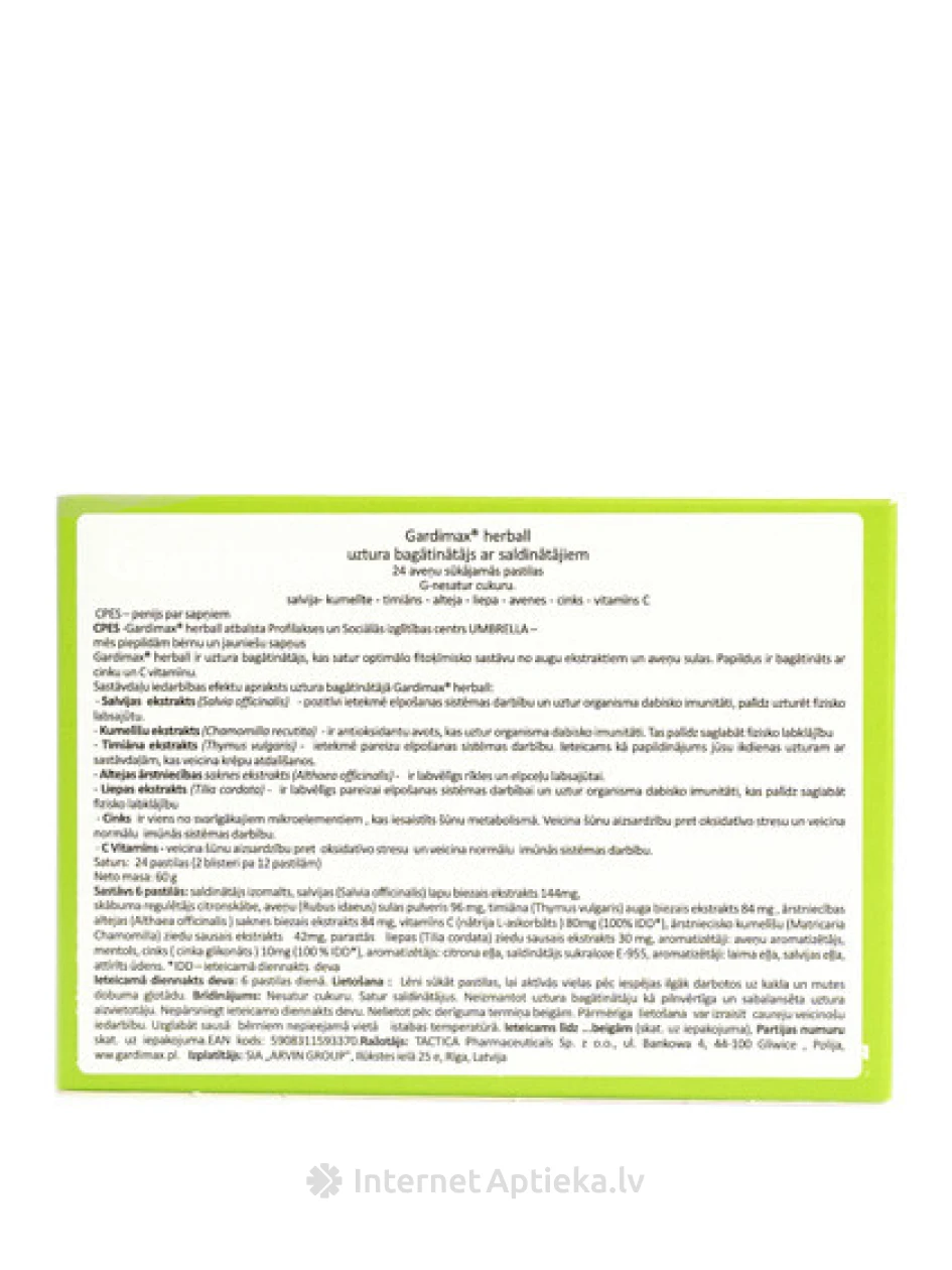 Gardimax Herball пастилки со вкусом малины, без сахара, 24 пастилки | internetaptieka.lv