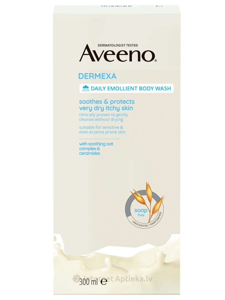 AVEENO Dermexa emolientu ķermeņa mazgāšanas līdzeklis ikdienai bez smaržas, 300 ml | internetaptieka.lv