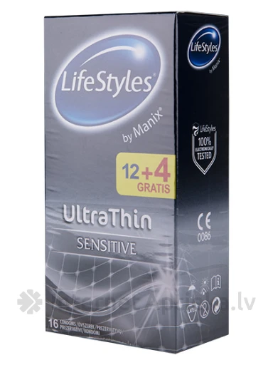 LifeStyles Ultra Thin Sensitive Prezervatīvi, 12 + 4 gb. | internetaptieka.lv
