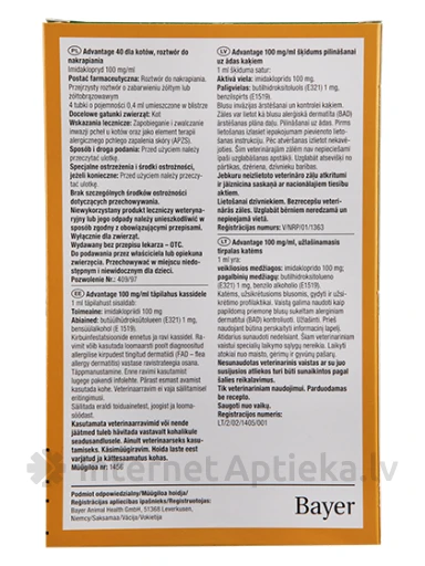Advantage раствор от блох для кошек до 4 кг, 0.4 мл 40 мг 10%, 4 шт. | internetaptieka.lv