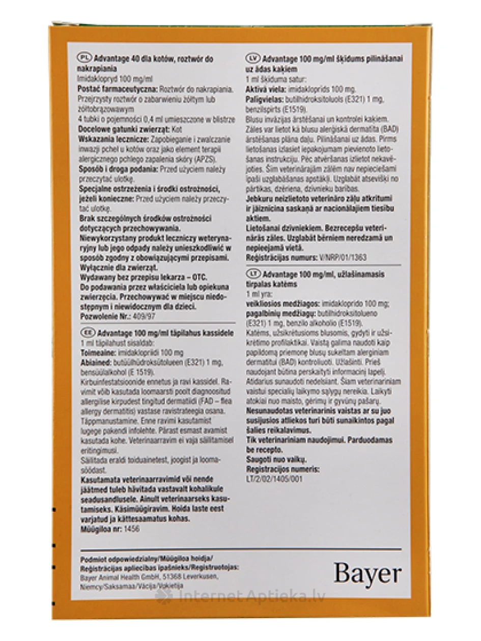 Eelislahendus kirpude vastu kuni 4 kg kaaluvatele kassidele, 0,4 ml 40 mg 10%, 4 tk. | internetaptieka.lv