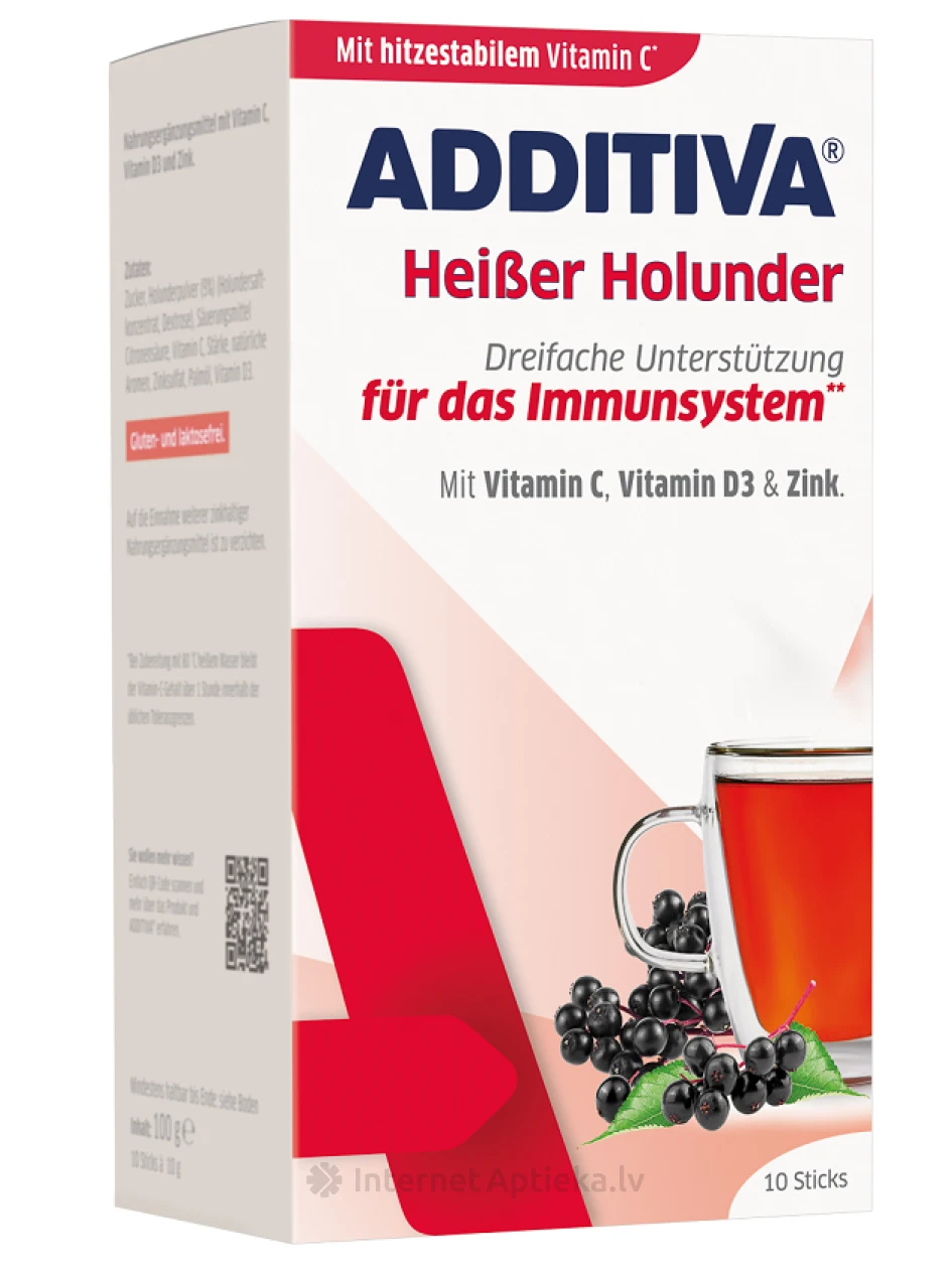 ADDITIVA Heiser Holunder + Vitamin C + Zink + Vitamin D3, 10 paciņas | internetaptieka.lv