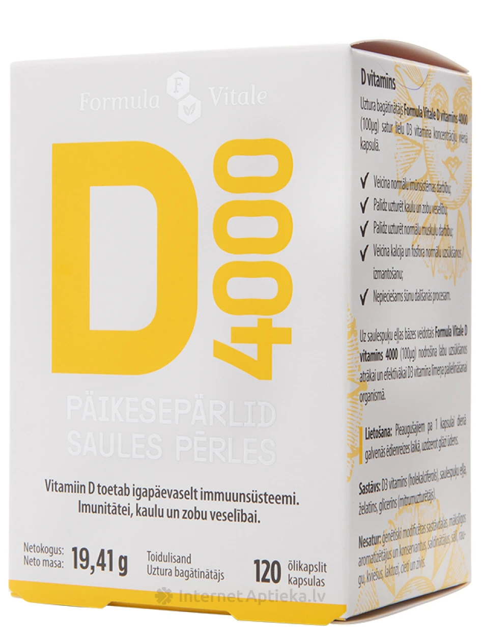 Formula Vitale vitamiin D (100 mcg) päikesepärlid, 120 kapslit | internetaptieka.lv