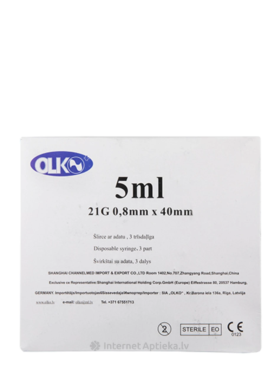 Olko Šļirce 5 ml, 21 G, 3-daļīga, ar adatu 0.8 x 40 mm, 100 gb. | internetaptieka.lv