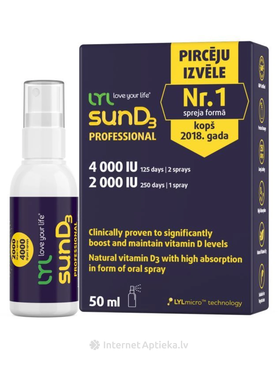 LYL sunD3 PROFESSIONAL 4 000 SV | 2 000 SV, sprejs, 50 ml | internetaptieka.lv