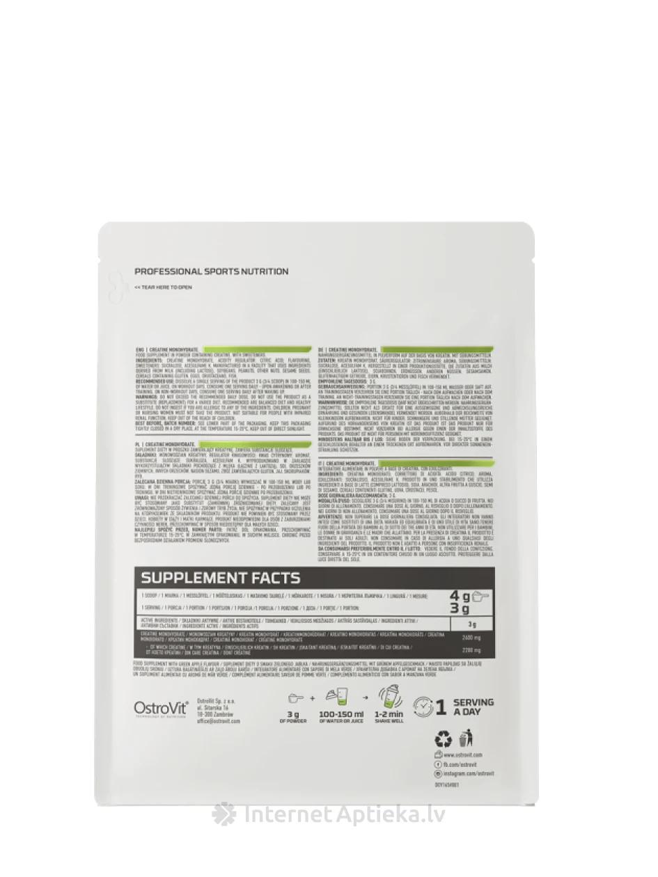 OstroVit Creatine Monohydrate Green apple pulveris, 300 g | internetaptieka.lv