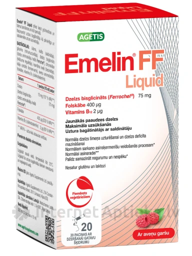Agetis Emelin® FF Liquid 75 mg/400 mcg/2 mcg, 20 paciņas | internetaptieka.lv