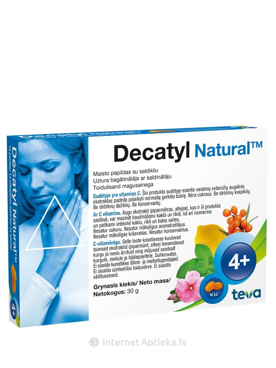 Decatyl Natural sūkājamās tabletes bez cukura, 12 gb. | internetaptieka.lv