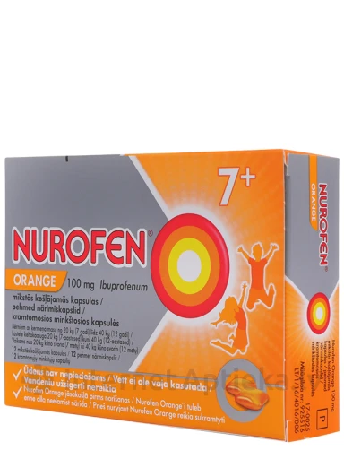 Nurofen Orange bērniem 100 mg, apelsīnu, 12 košļājamās kapsulas | internetaptieka.lv