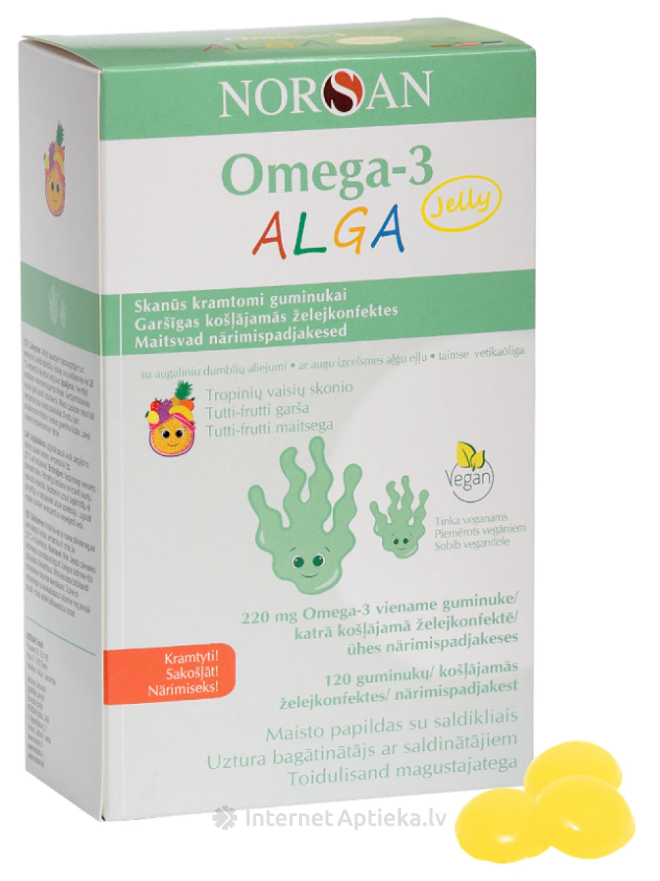 NORSAN OMEGA-3 ALGA JELLY ar Tutti-frutti garšu, 120 želejkonfektes | internetaptieka.lv