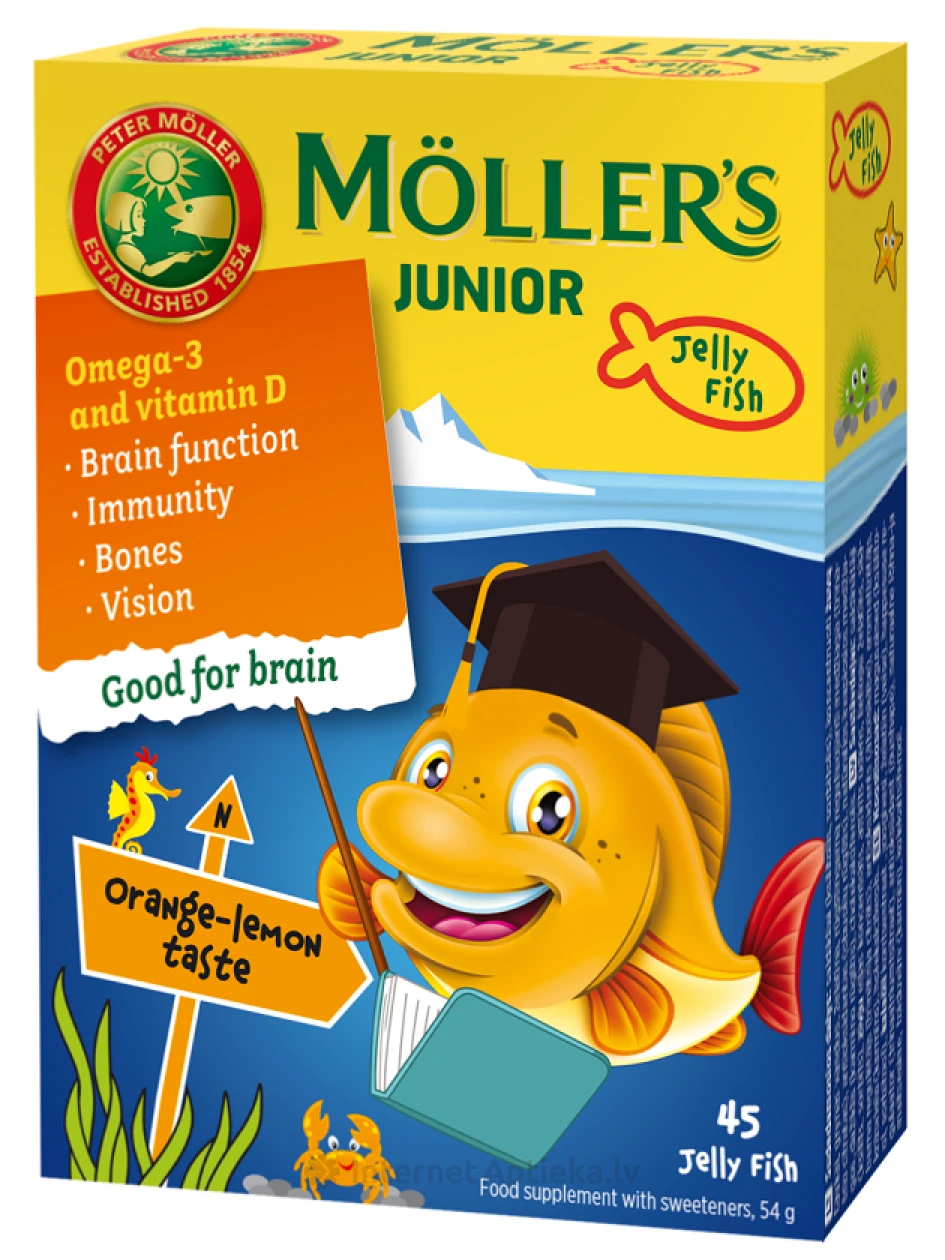 Moller’s Omega-3 Junior рыбий жир для детей, с апельсиново-лимонным вкусом, 45 капсул | internetaptieka.lv
