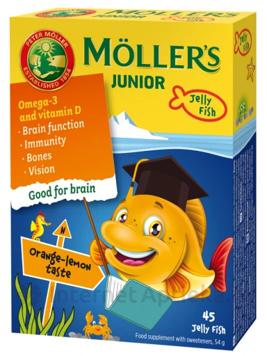 Möller′s Omega-3 Junior zivju eļļa ar apelsīnu-citronu garšu, 45 pastilas | internetaptieka.lv