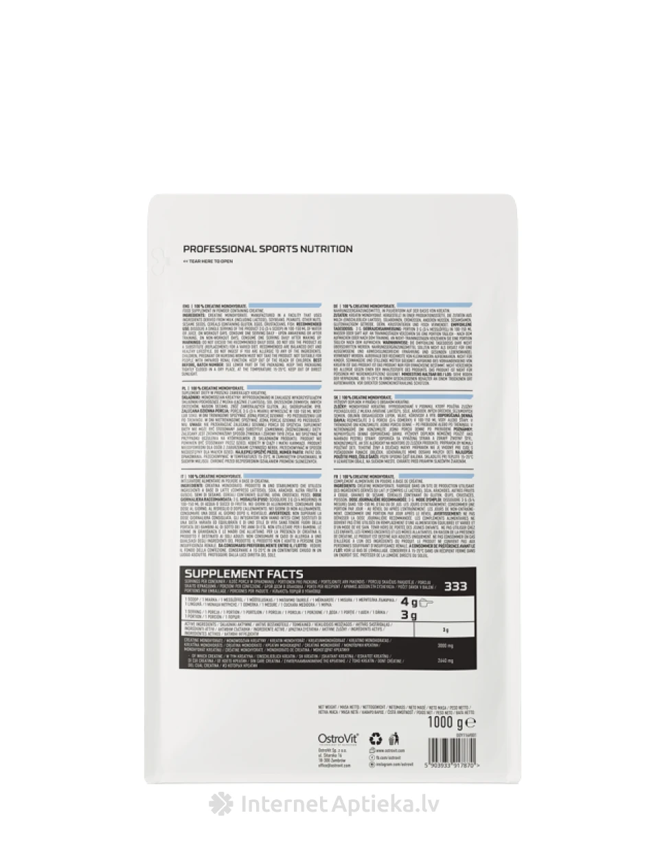 OstroVit 100% Creatine Monohydrate pulveris, 1000 g | internetaptieka.lv