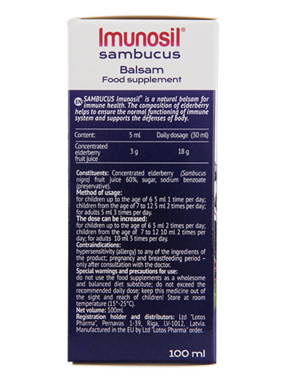 Imunosil Sambucus palsam - leedripuu puuviljamahl, 100 ml | internetaptieka.lv