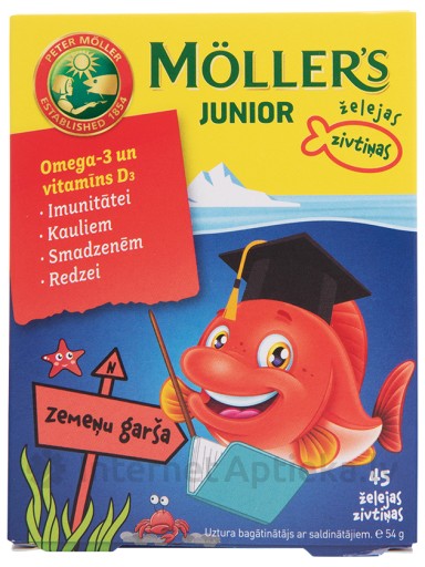 Möller′s Omega-3 Junior рыбий жир для детей, со вкусом малины, клубники, 45 пастилки