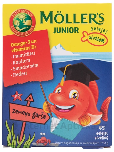 Möller′s Omega-3 Junior рыбий жир для детей, со вкусом малины, клубники, 45 пастилки