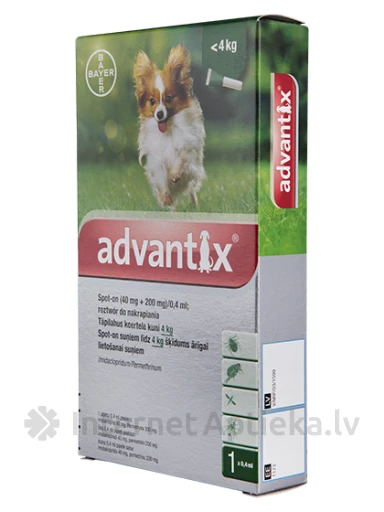 Advantix šķīdums pret blusām un ērcēm suņiem līdz 4 kg, 1 gb. | internetaptieka.lv